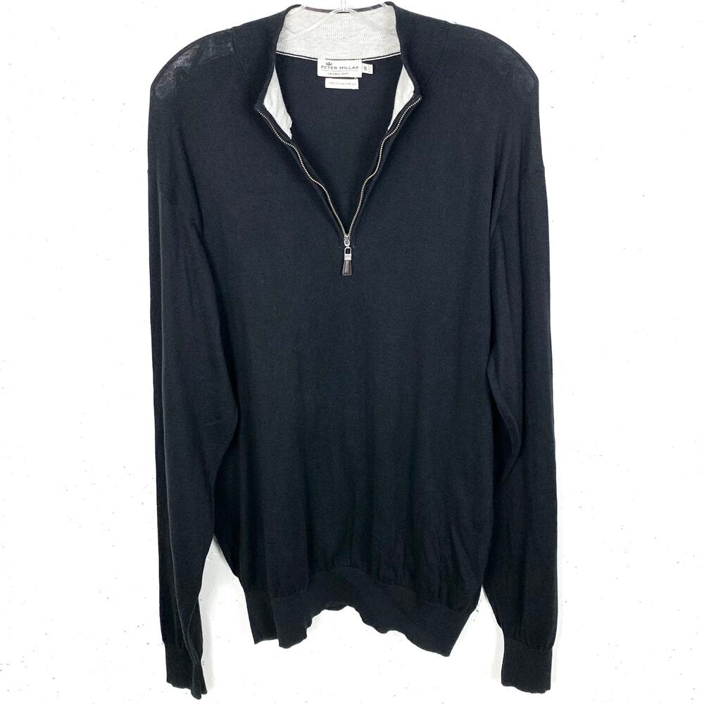 Peter Millar Mens Crown Soft Cotton Silk Blend 1/4 Zip Sweater Black Size XL